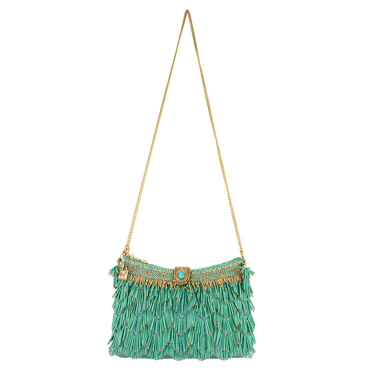Mary Frances Shimmy, Turquoise Fringe Beaded Crossbody Handbag