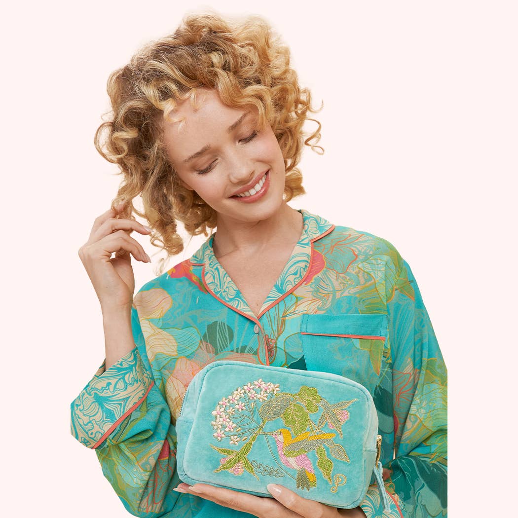 Velvet Embroidered Make Up Bag - Hummingbird, Aqua, by Powder Designs