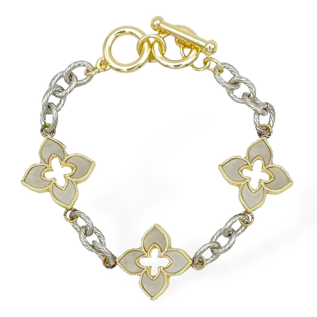 The "Avenue" Two-Tone Mother of Pearl Clover Link Bracelet