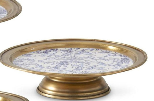 K&K Brass Metal and Blue Floral Cake Stand/Risers, Set of 3