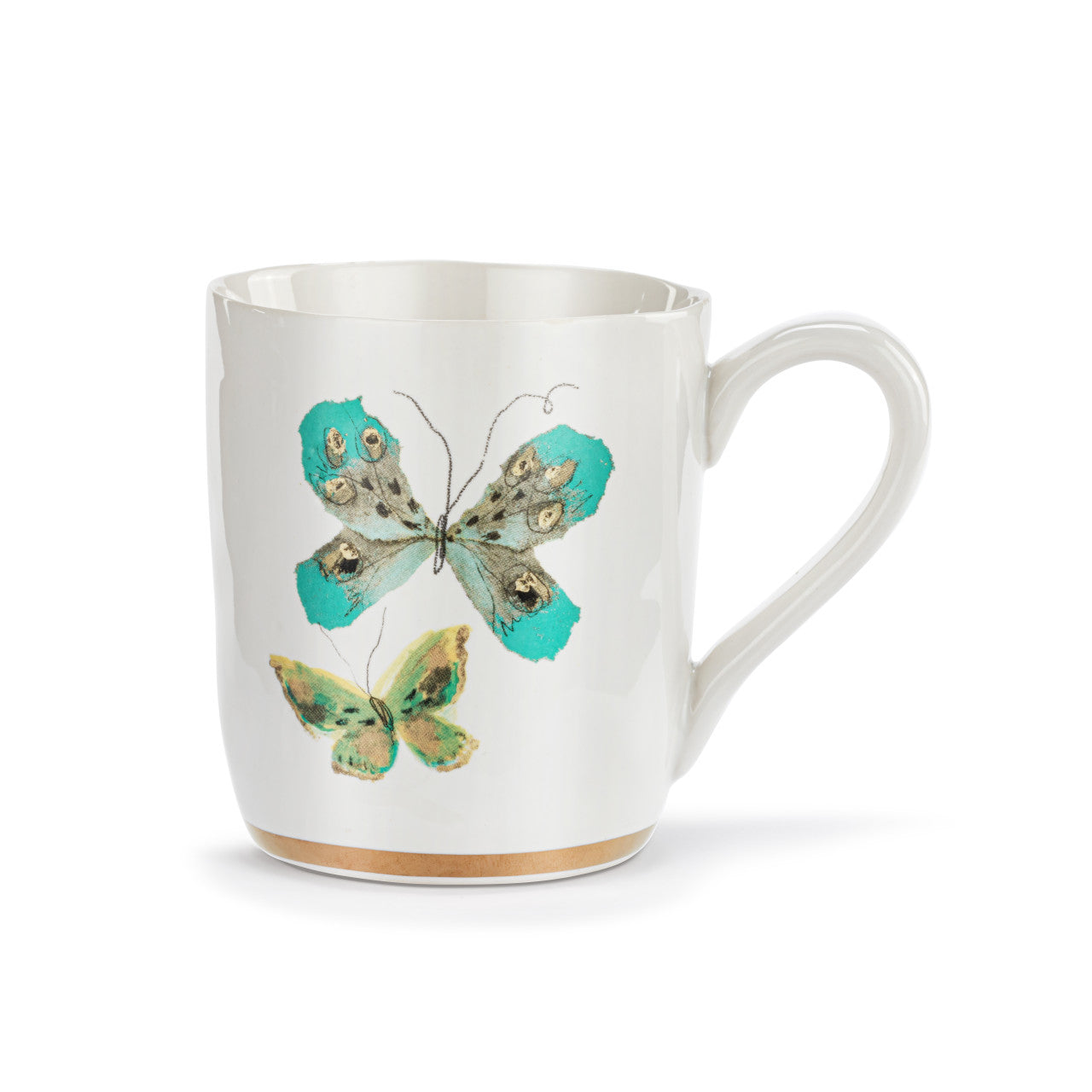 Demdaco Mug, White with Turquoise and Green Duo Butterfly, 14oz
