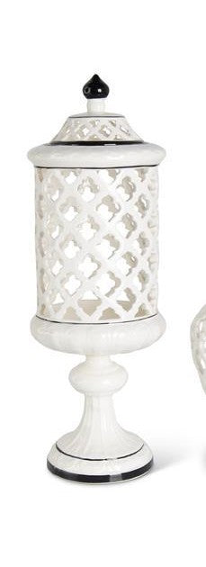 K&K White Lattice Cutout Lidded Ceramics with Black Accents