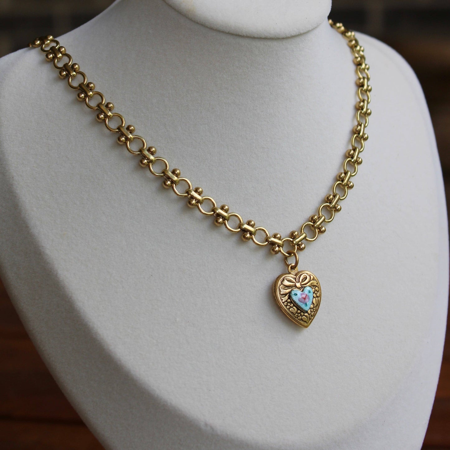 Vivian Grace Vintage Blue Guilloche Heart Necklace