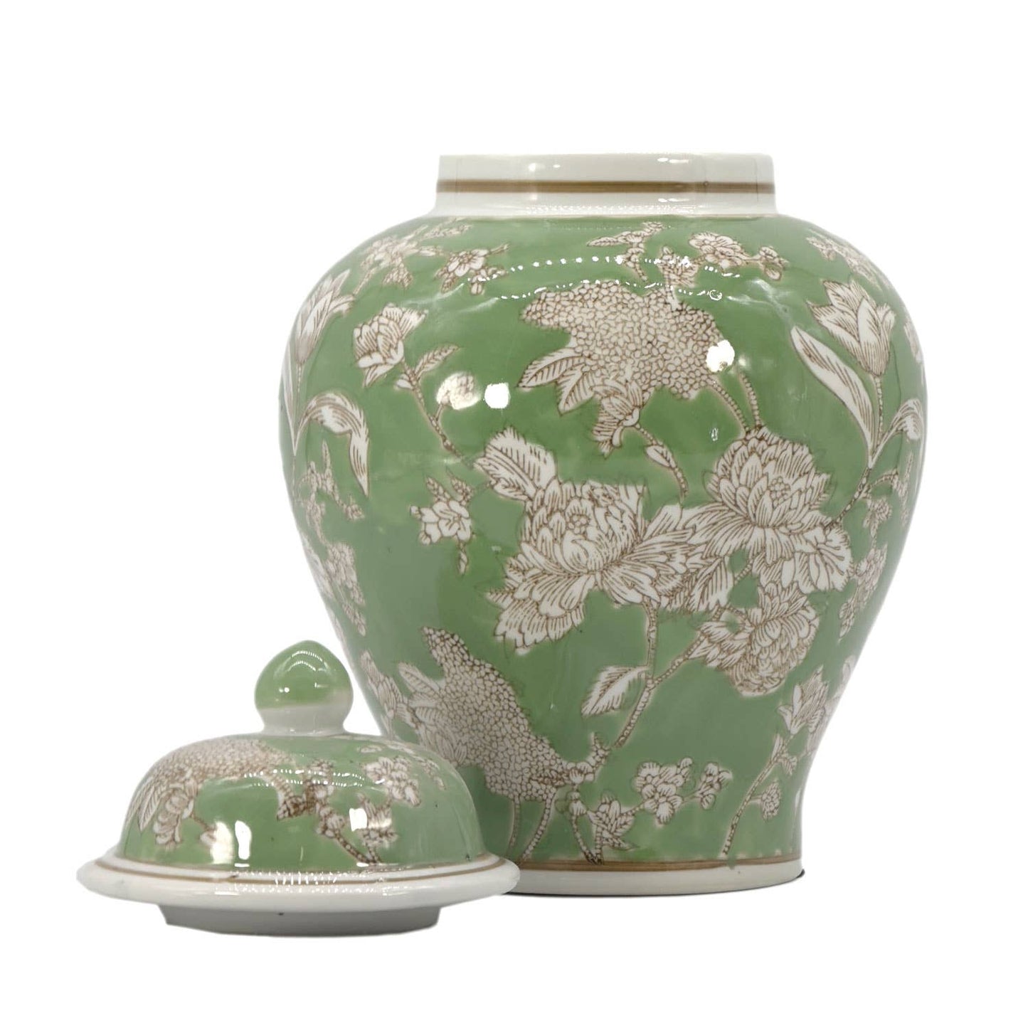 Galt Green & White Floral Peony Ceramic Chinoiserie Jar 12"