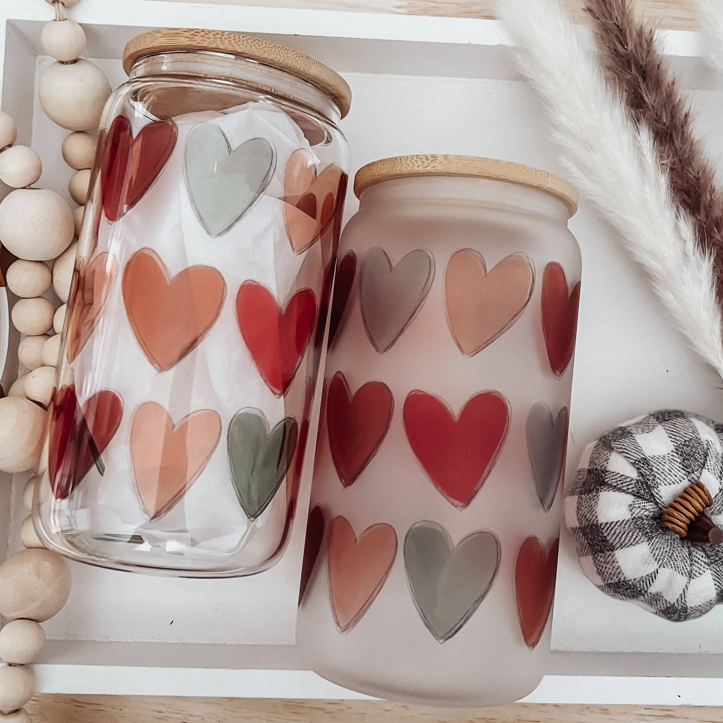 Boho Fall Hearts 16 oz Glass Cup with Bamboo Lid
