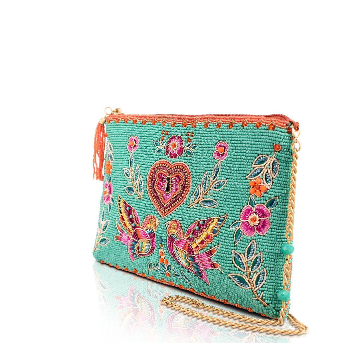 Mary Frances In Love/Lovebirds and Heart on Turquoise Beaded Handbag