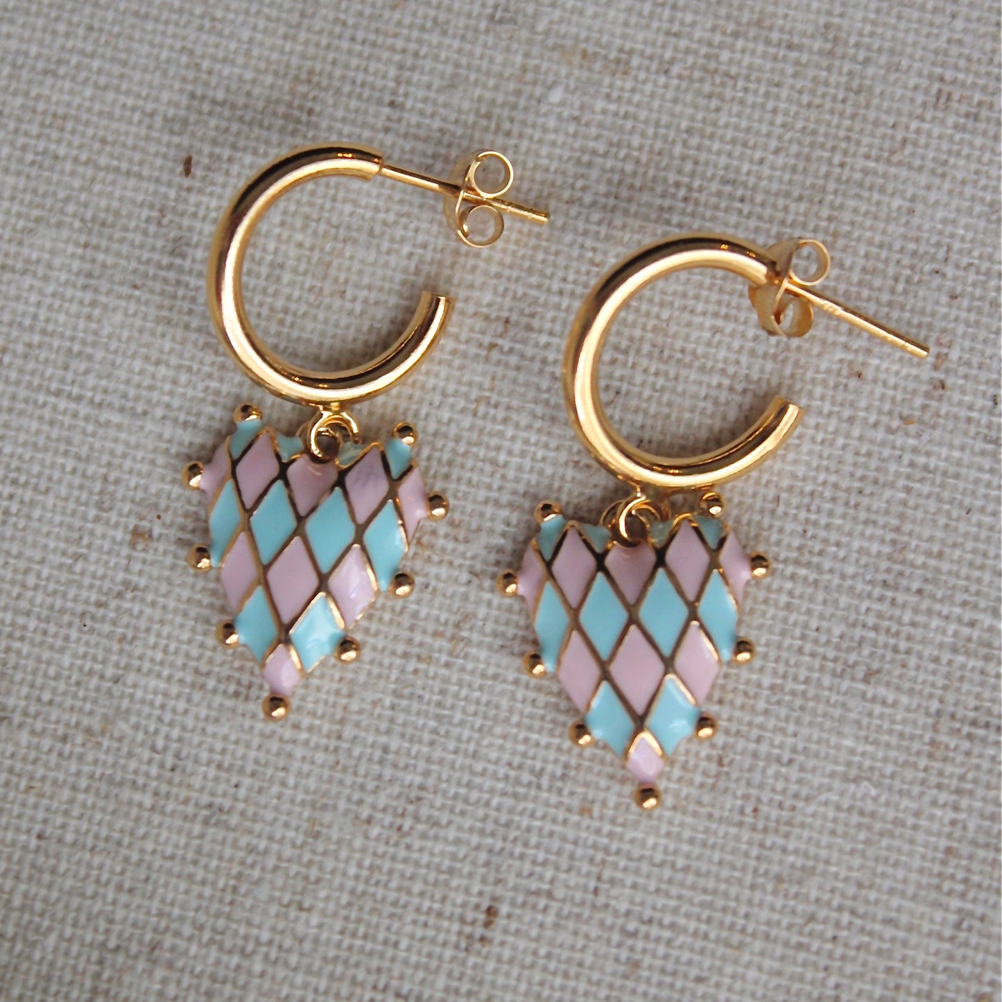 Vivian Grace Pink and Blue Checkerboard Heart Earrings - Gold Vermeil