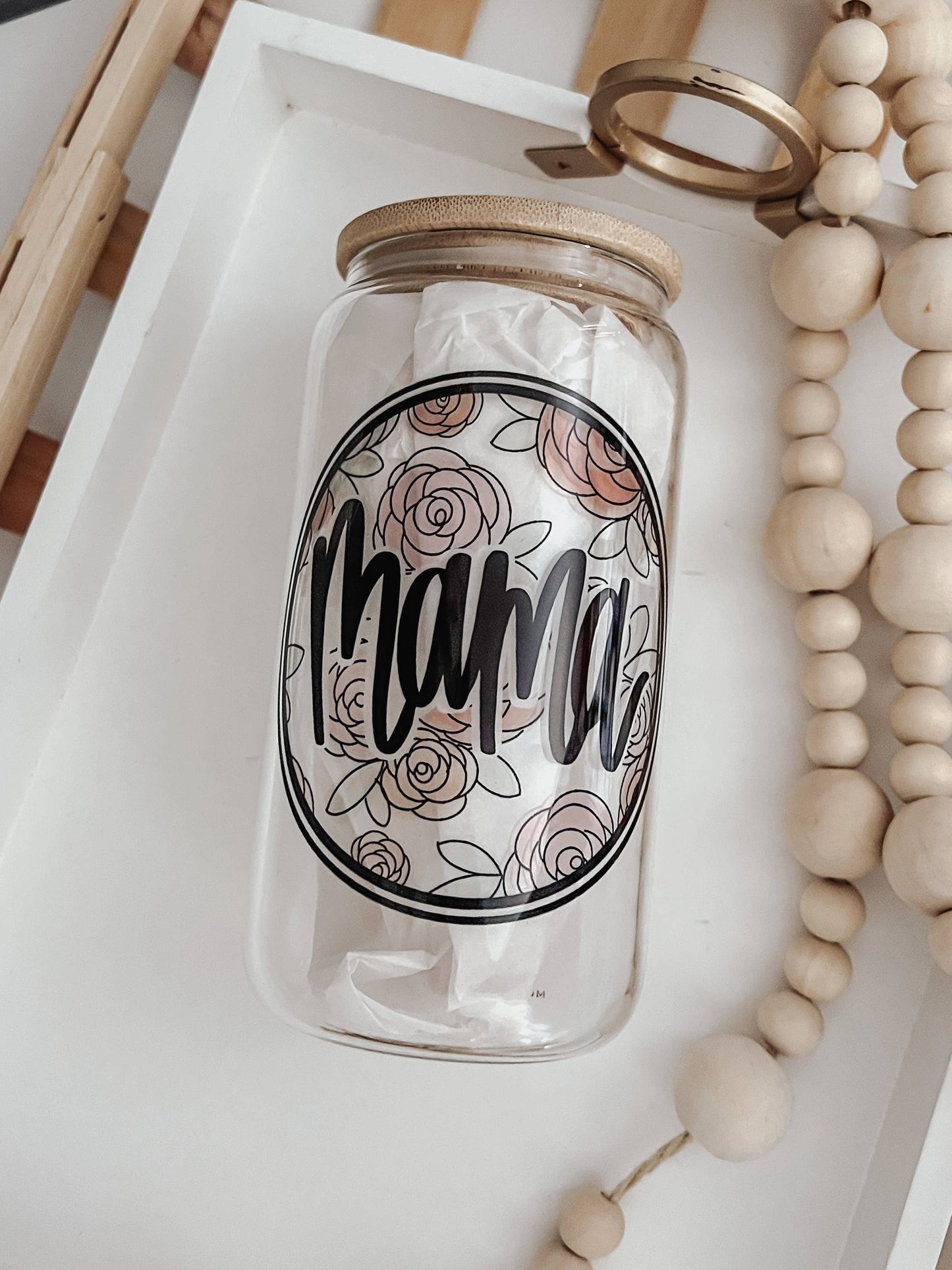 Mama Watercolor Floral 16 oz Glass Cup with Bamboo Lid
