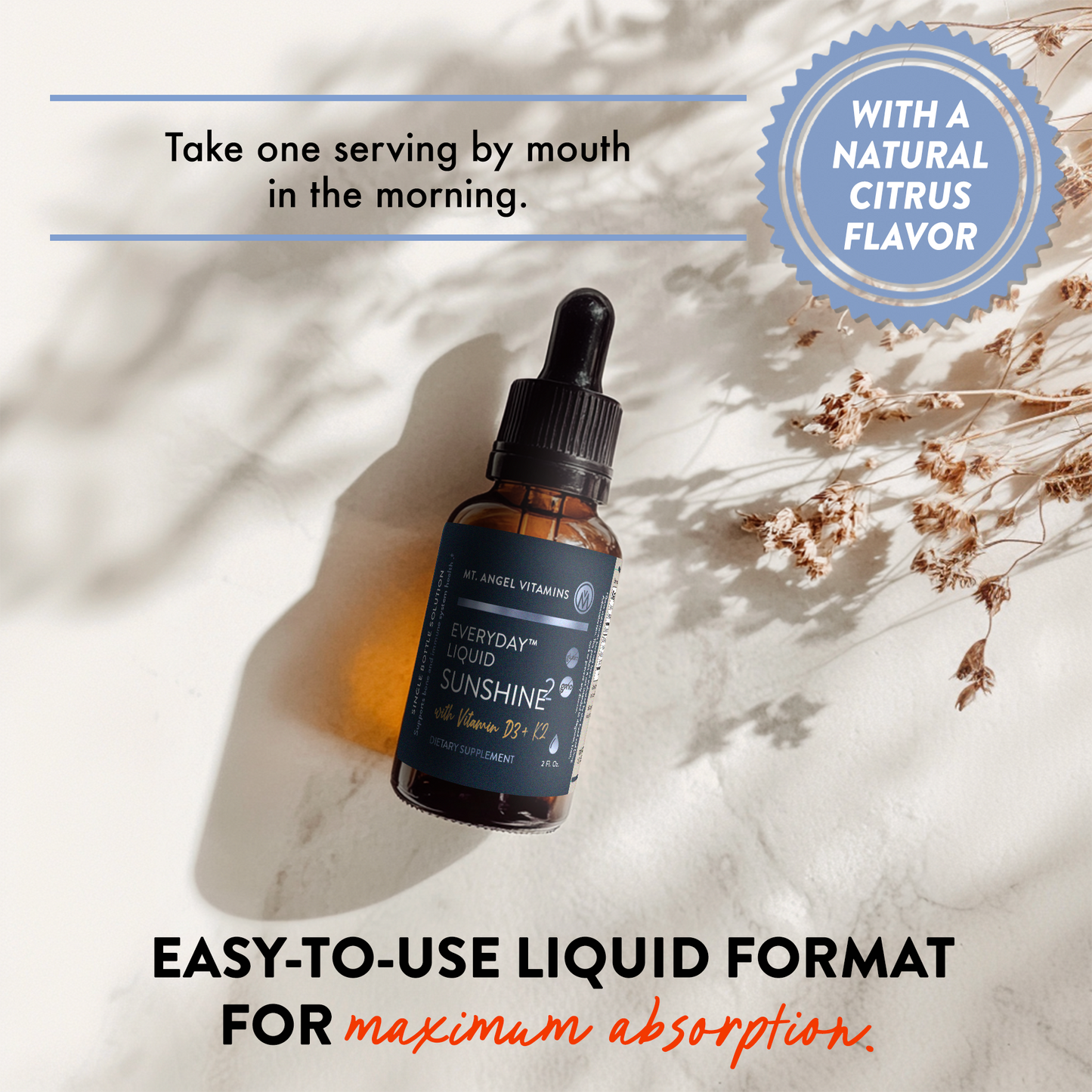 Mt. Angel Vitamins' Everyday Liquid Sunshine D3+K2 - 2 fl oz