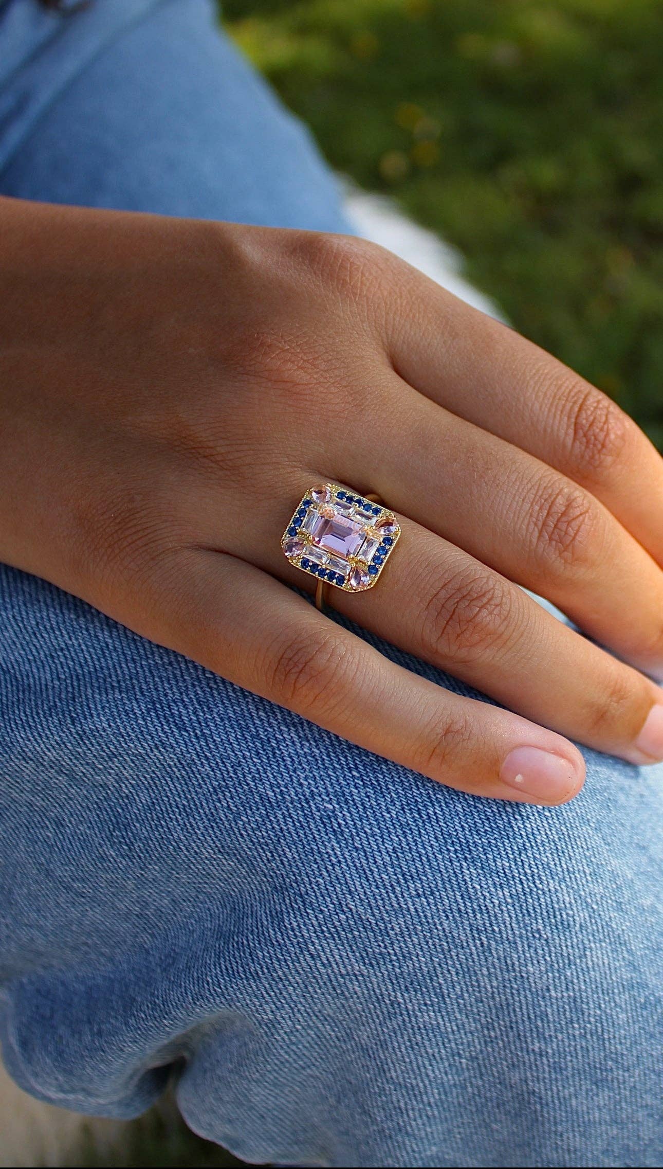Vivian Grace Sapphire Morganite Art Deco Cocktail Ring- Lab Created Gemstones
