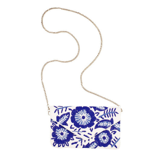 Royal Standard Floral Beaded Clutch White/Blue 10x6
