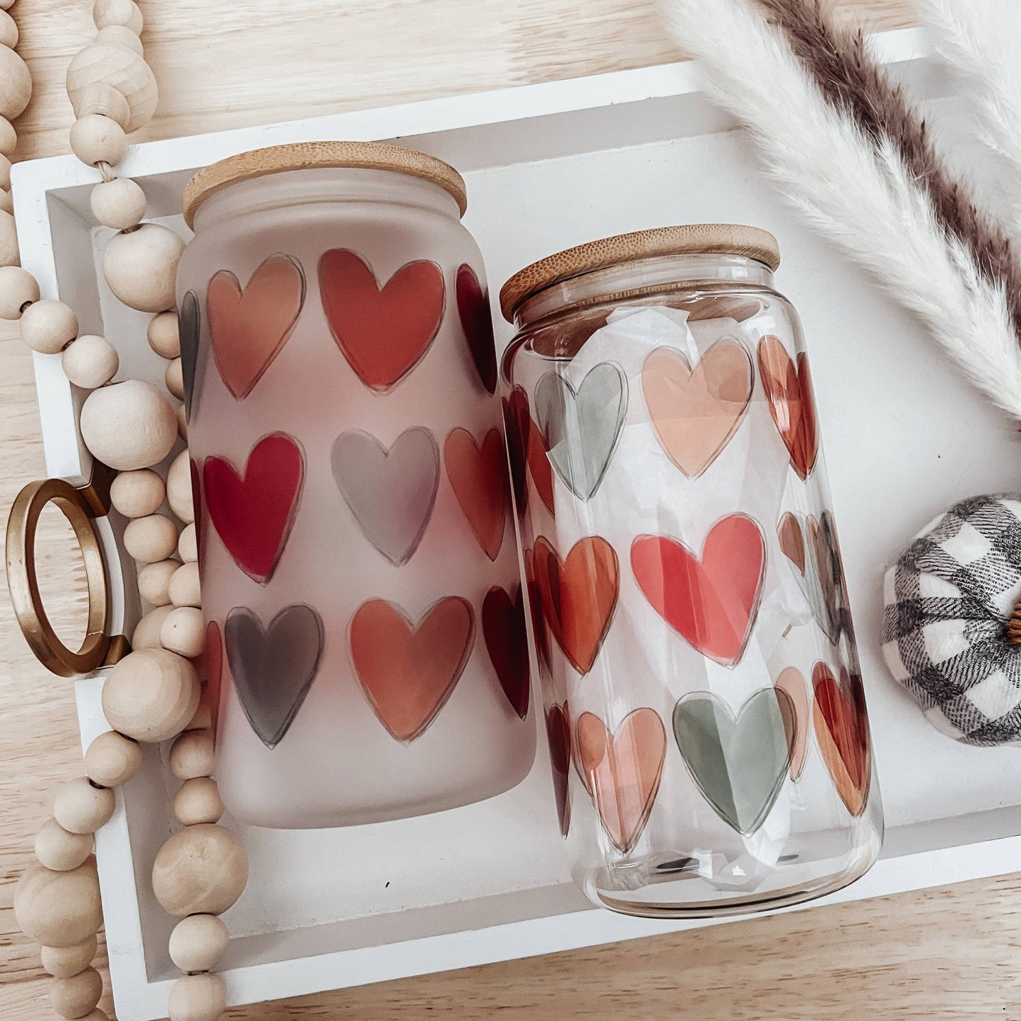 Boho Fall Hearts 16 oz Glass Cup with Bamboo Lid