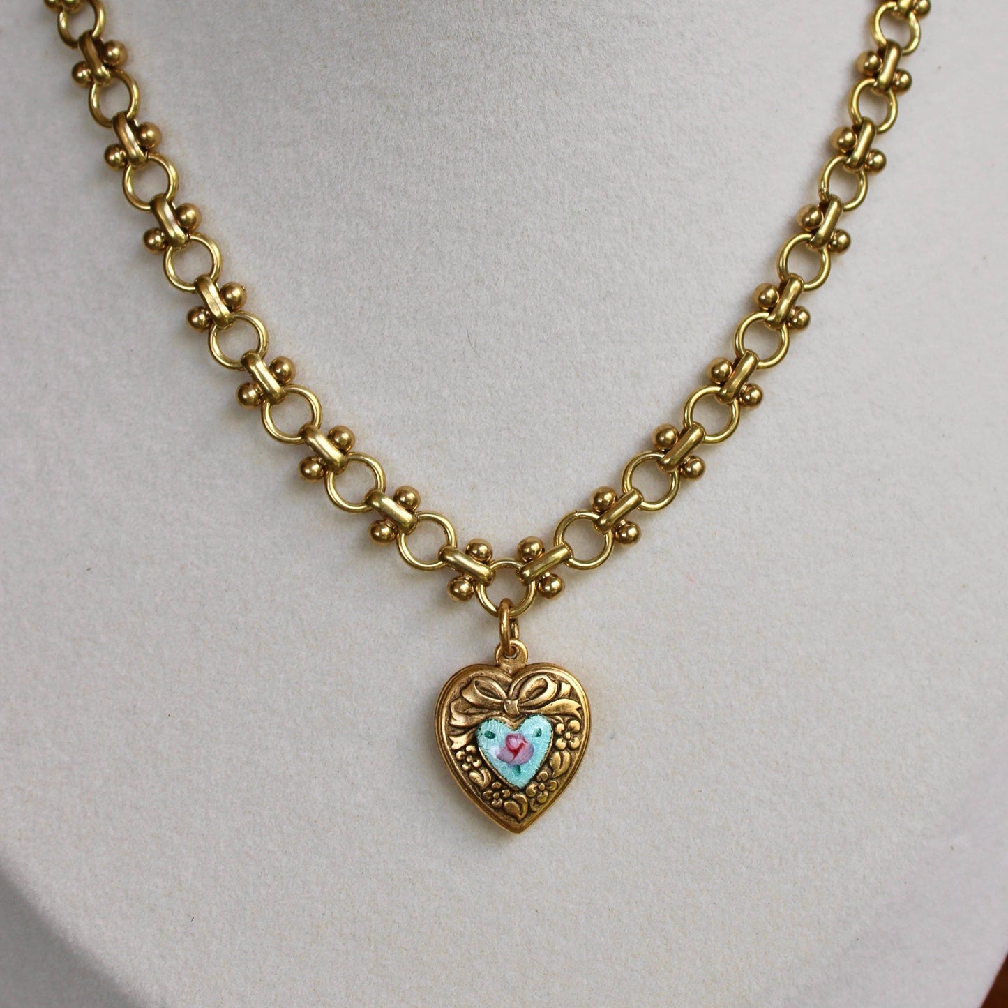 Vivian Grace Vintage Blue Guilloche Heart Necklace