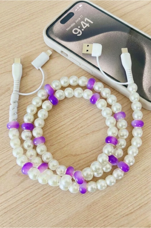 Nash Grey Purple and White Pearl Beaded Charging Cord