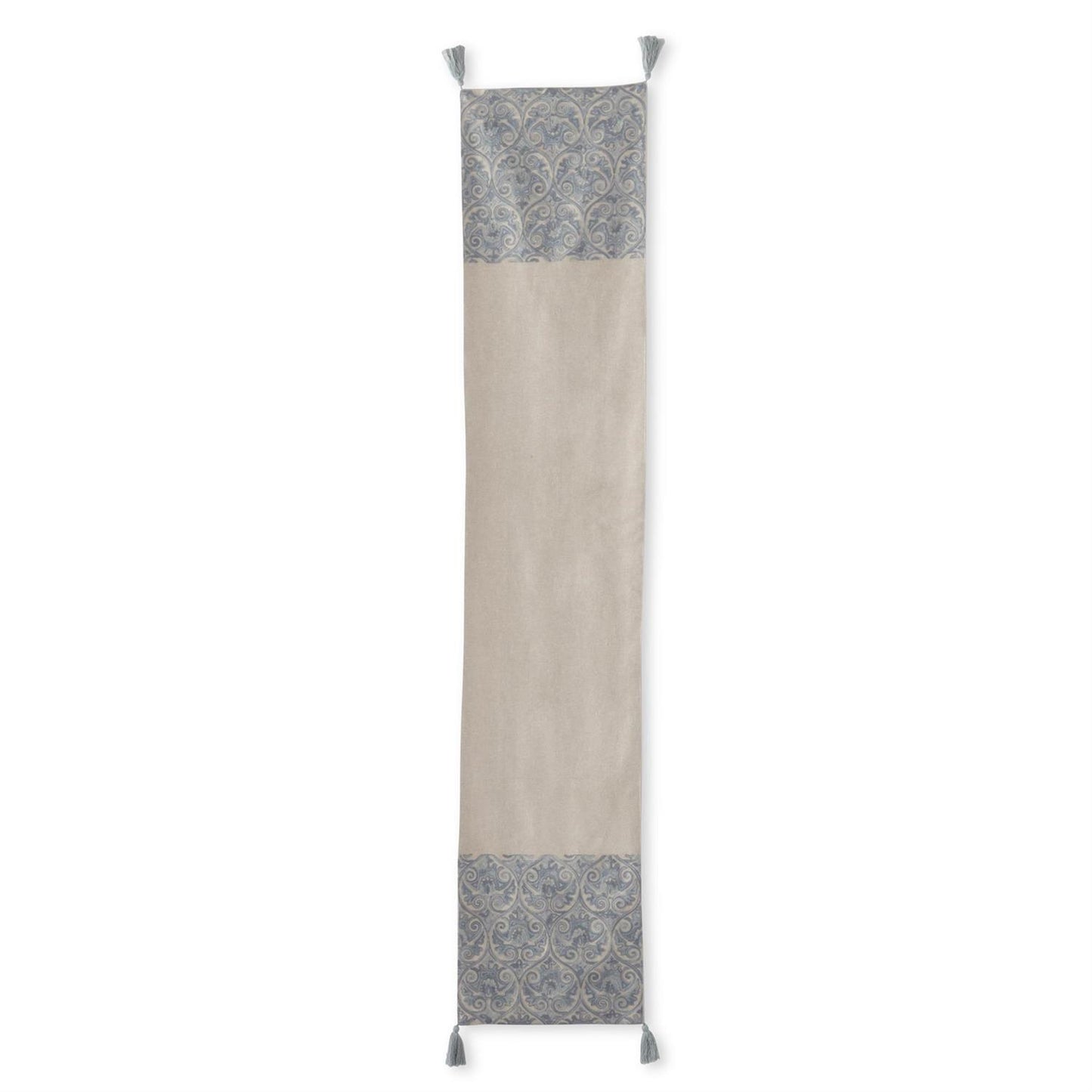 K&K 72" Tan & Blue Gray Crest Embroidered Table Runner w/ Tassels
