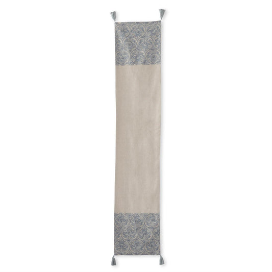 K&K 72" Tan & Blue Gray Crest Embroidered Table Runner w/ Tassels