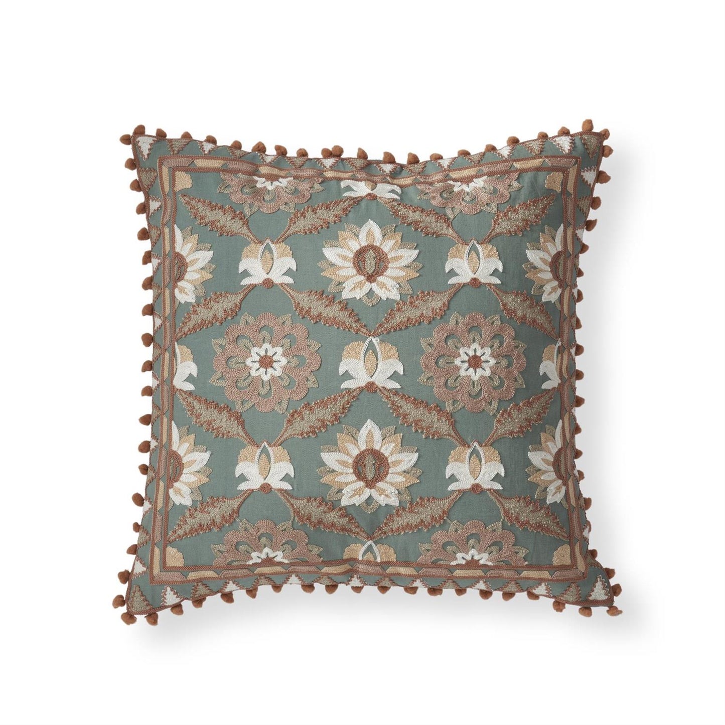 K&K 20" Pom Pom Trim Handcrafted Teal & Pink Embroidered Floral Square Pillow