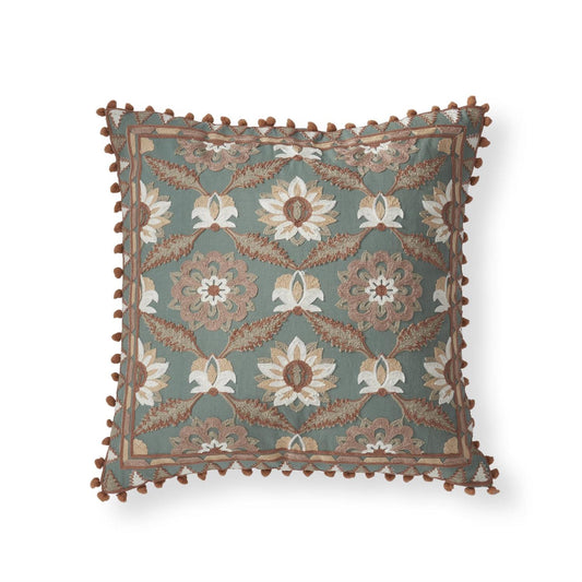 K&K 20" Pom Pom Trim Handcrafted Teal & Pink Embroidered Floral Square Pillow