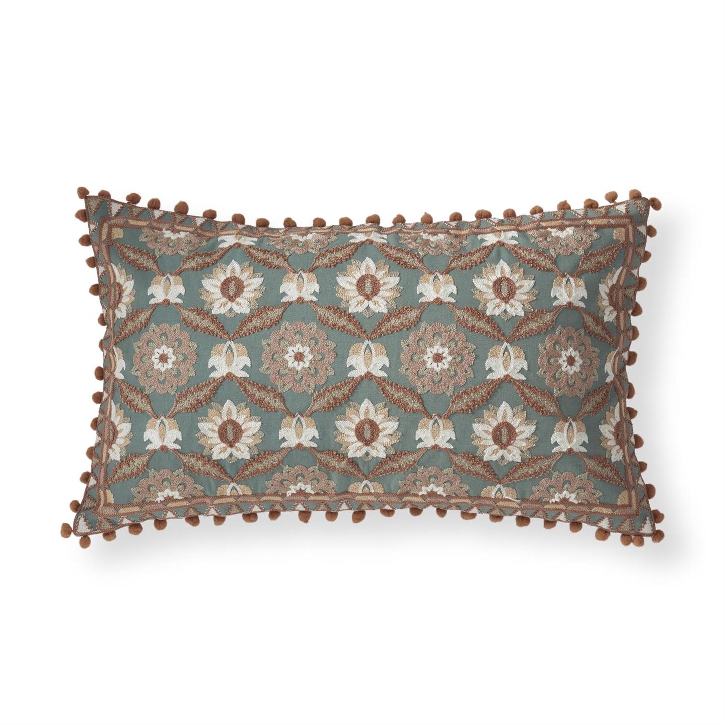K & K 24" Pom Pom Trim Handcrafted Teal & Pink Embroidered Floral Lumbar