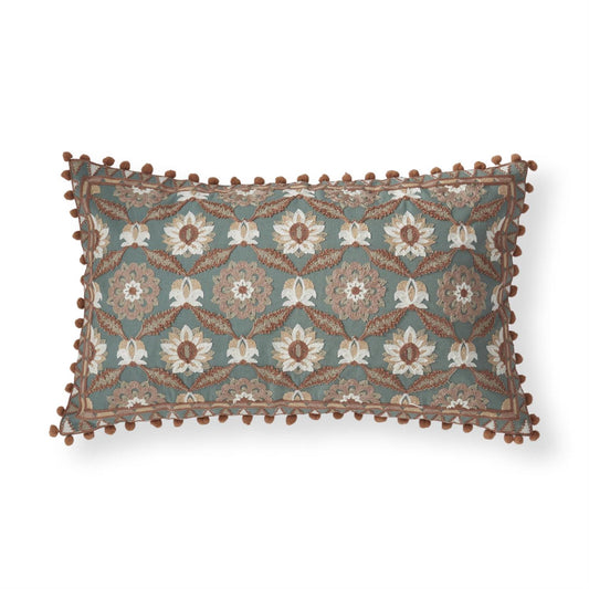 K & K 24" Pom Pom Trim Handcrafted Teal & Pink Embroidered Floral Lumbar