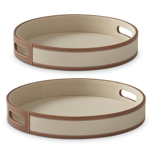 K&K Beige Canvas w/Tan Leather Trim Round Trays, Set of 2
