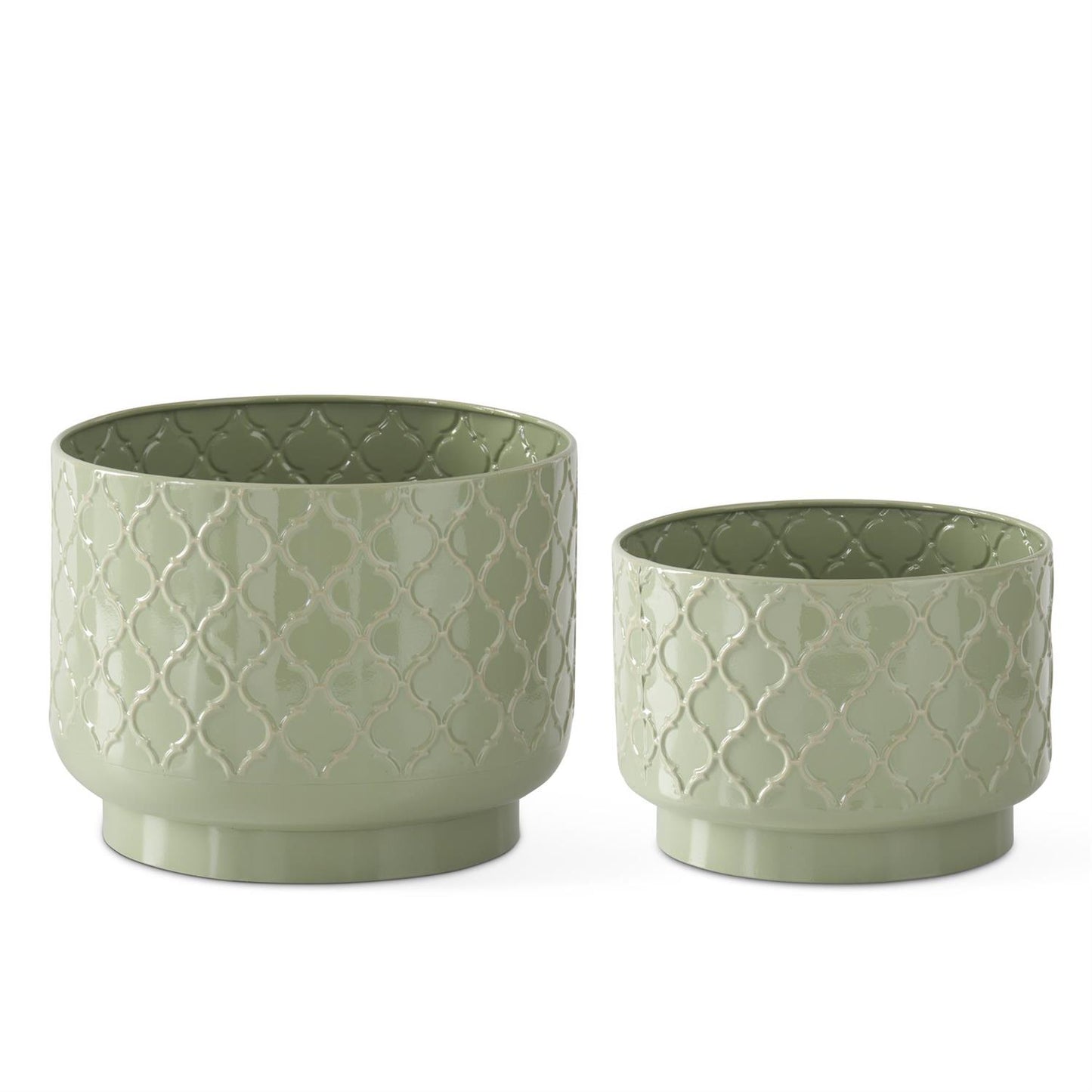 K&K Sage Green & Taupe Metal Quatrefoil Pots, Set of 2