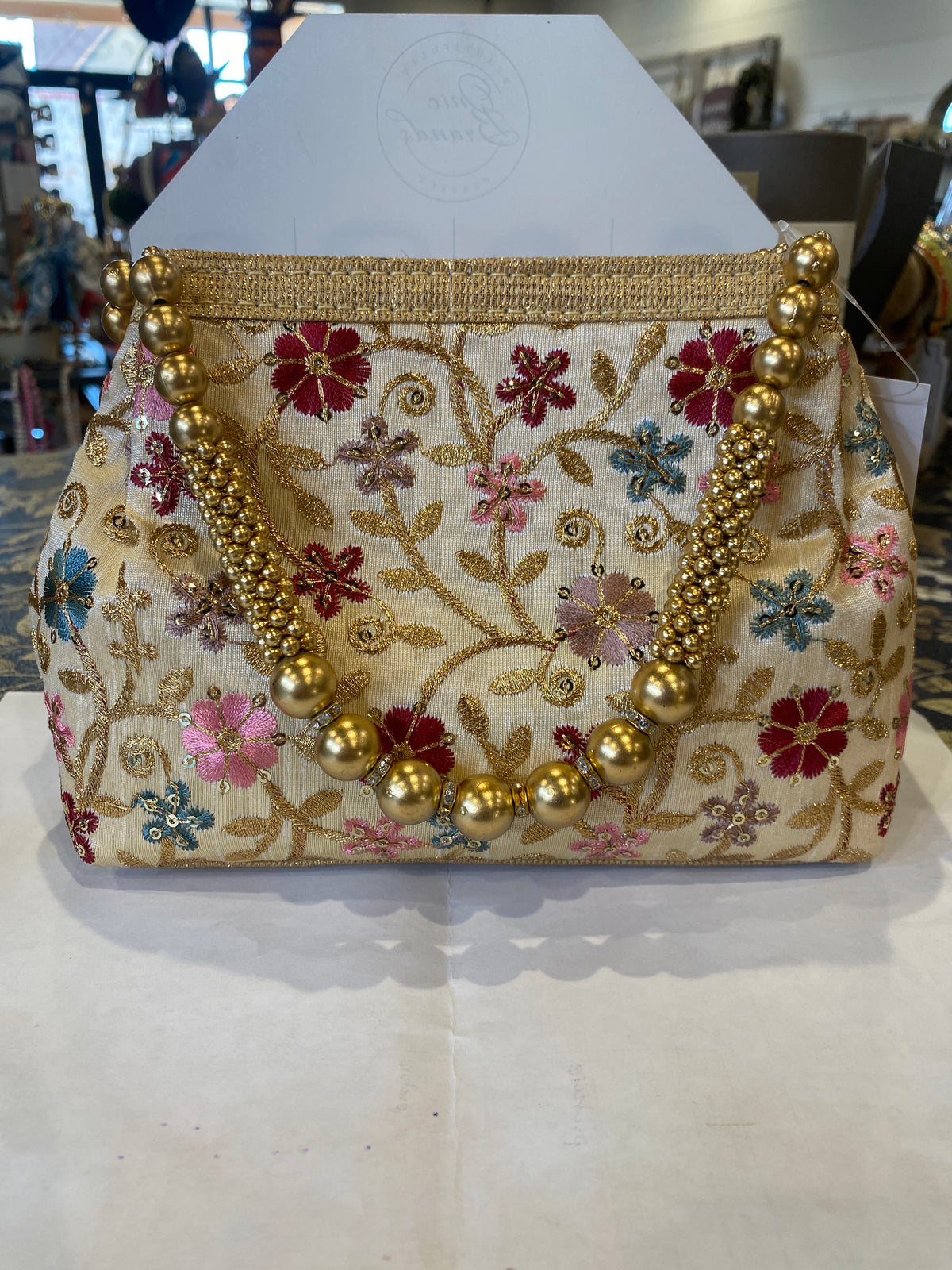 David Jeffery Handbag - Khaki Gold w/Embroidered Flowers and Sequins