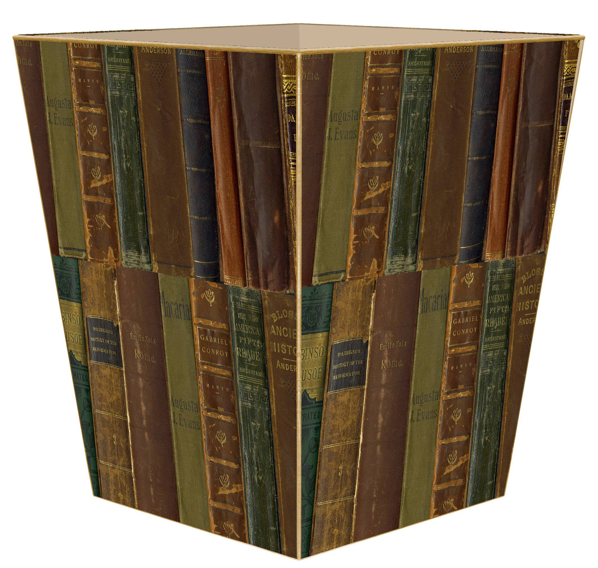 Marye-Kelley Antique Book Spines Wastepaper Basket, Scalloped Top