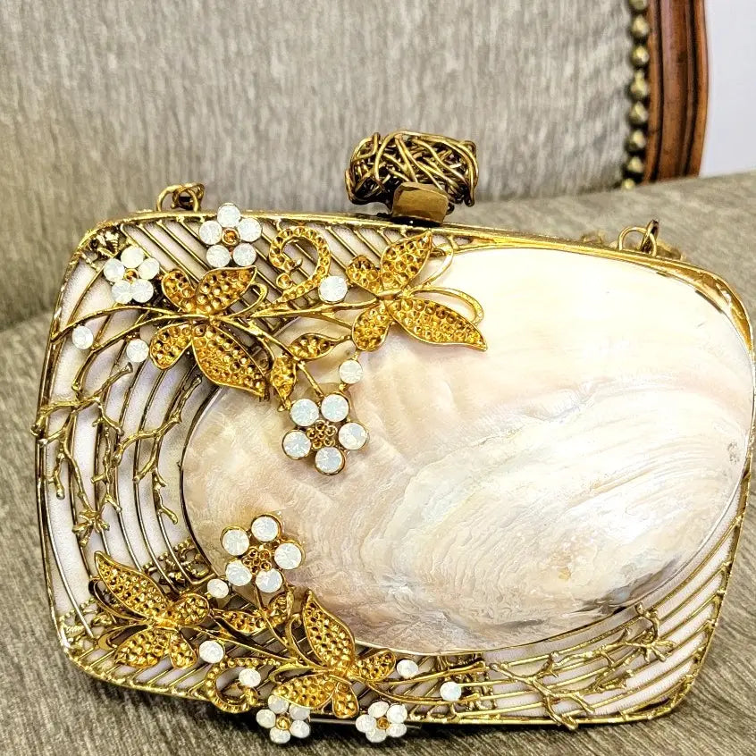 Jeweled Metal Mother of Pearl (MOP) Clutch (Gold)