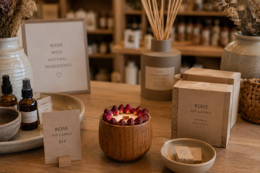 Held in Light - Blush Rose Soy Candle in Natural Wooden Bowl