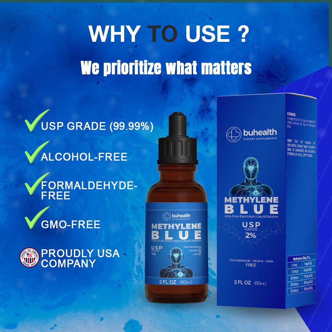 Methylene Blue Drops 2% USP Grade, 2 fl oz, Made in USA