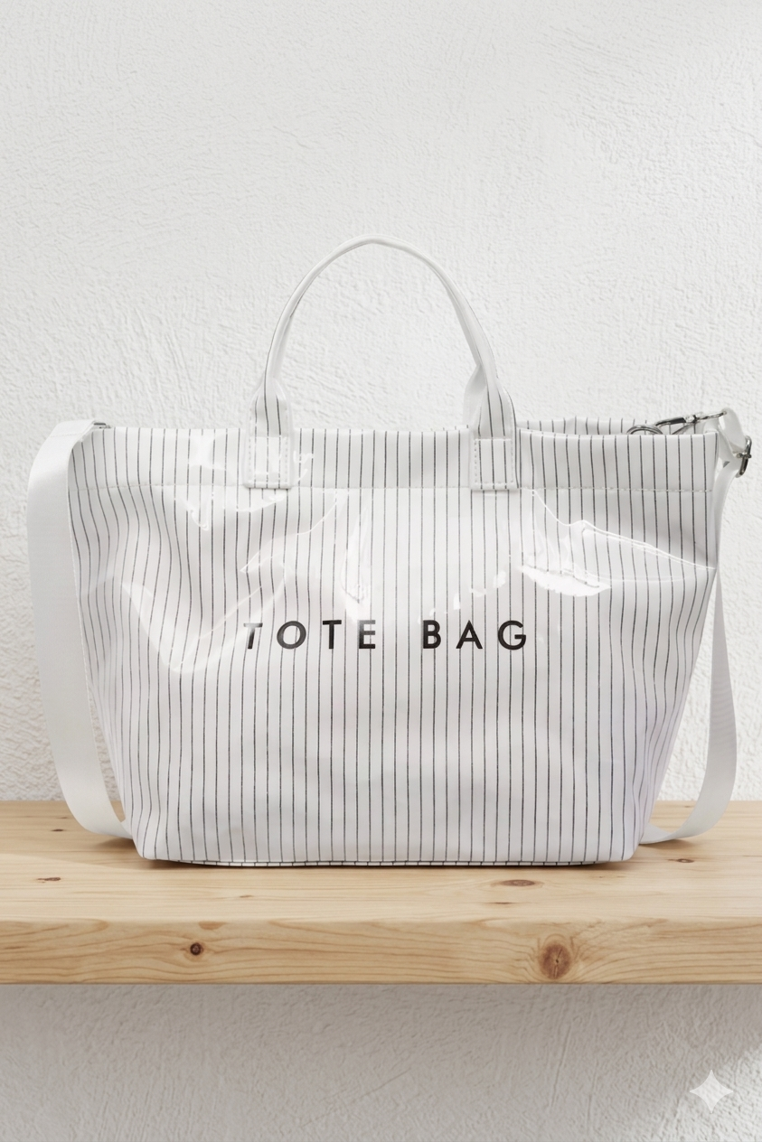 Nash Grey White Pinstripe Vinyl TOTE BAG with Strap