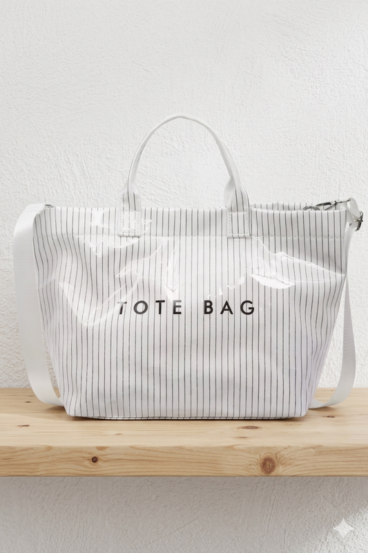 Nash Grey White Pinstripe Vinyl TOTE BAG with Strap