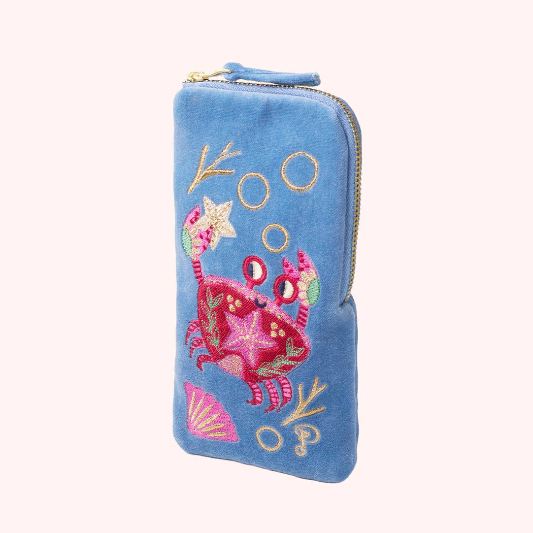 Velvet Sunglasses Pouch - Seafaring Crab - Cornflower, by Powder Design