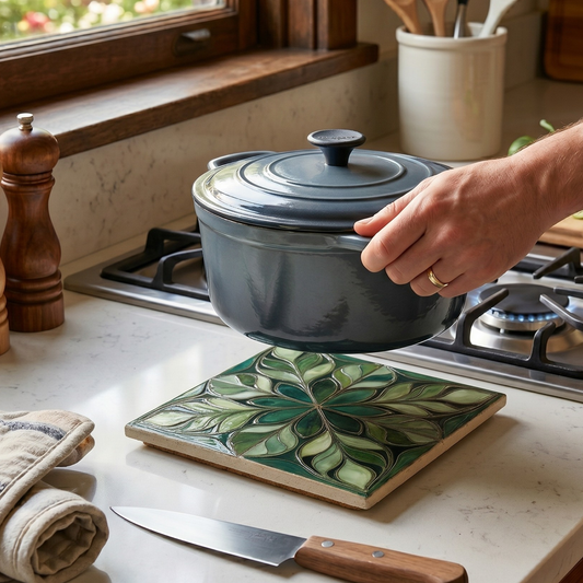 Highland Row Botanical Ceramic Trivet | Garden Decor | Emerald Green