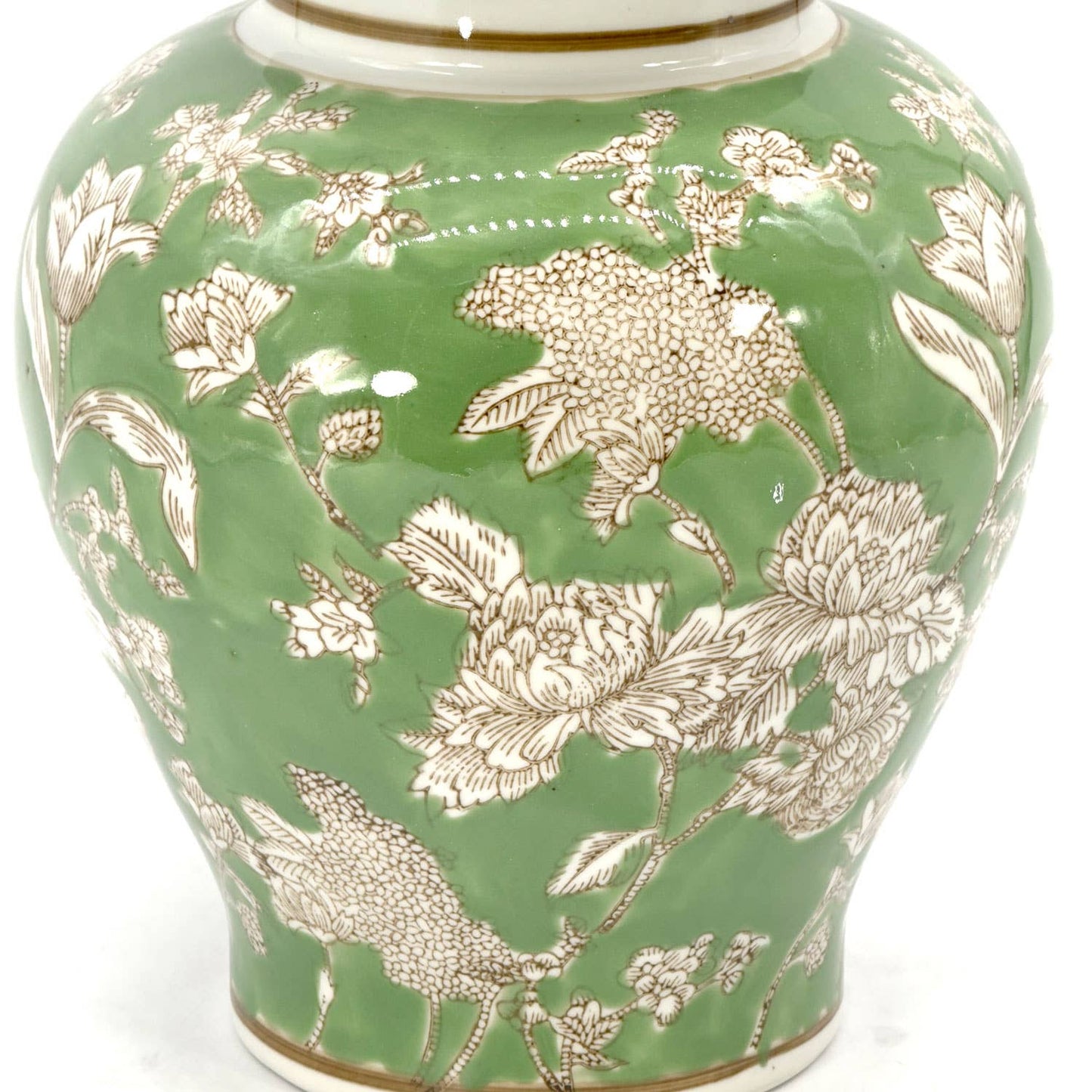 Galt Green & White Floral Peony Ceramic Chinoiserie Jar 12"