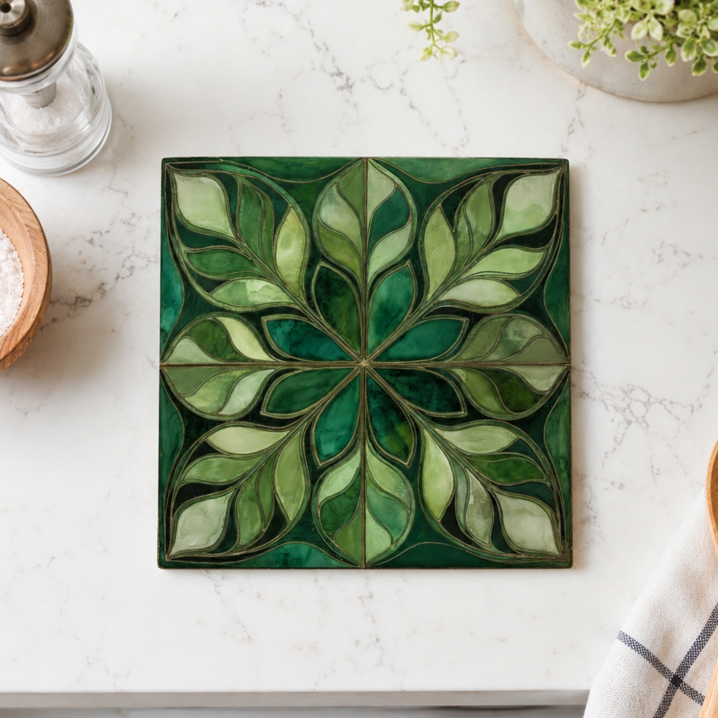Highland Row Botanical Ceramic Trivet | Garden Decor | Emerald Green
