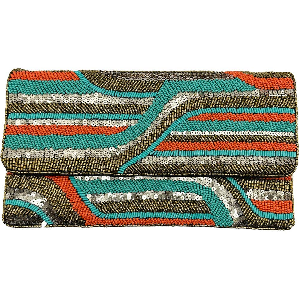 TURQUOISE & CORAL SEQUINS BEADED CLUTCH
