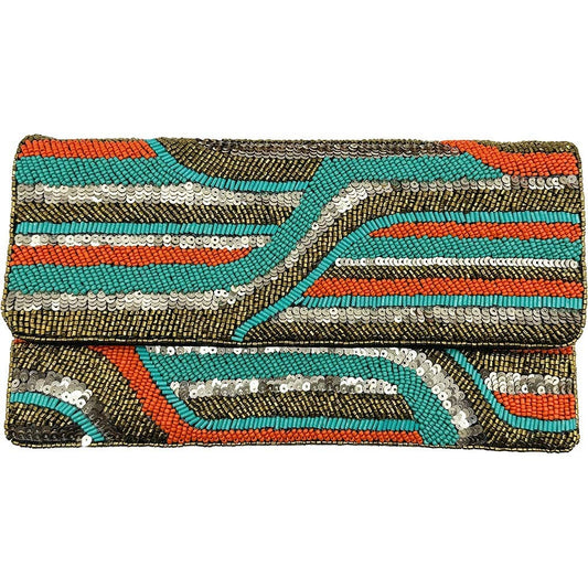 TURQUOISE & CORAL SEQUINS BEADED CLUTCH