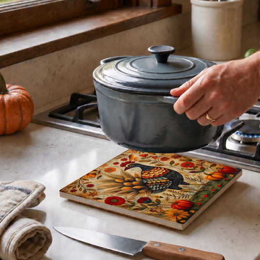 Highland Row Turkey and Pumpkins Ceramic Trivet