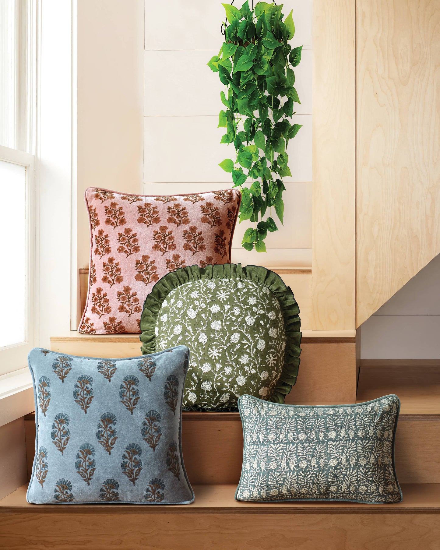 Peking Handicraft Block Print Vel Lilac Flower Pillow