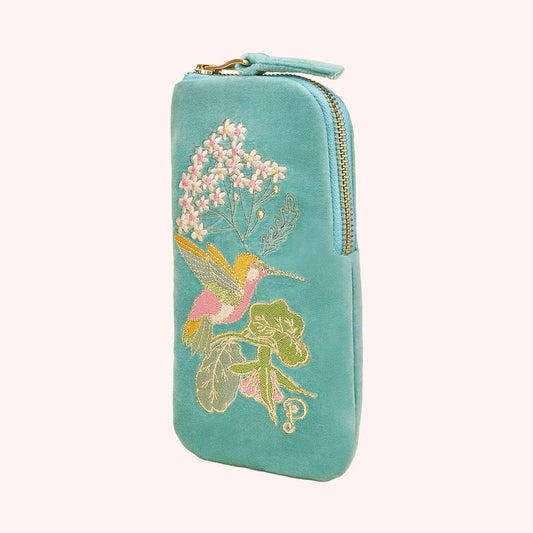 Velvet Embroidered Sunglasses Pouch - Hummingbird, Aqua, by Powder Designs