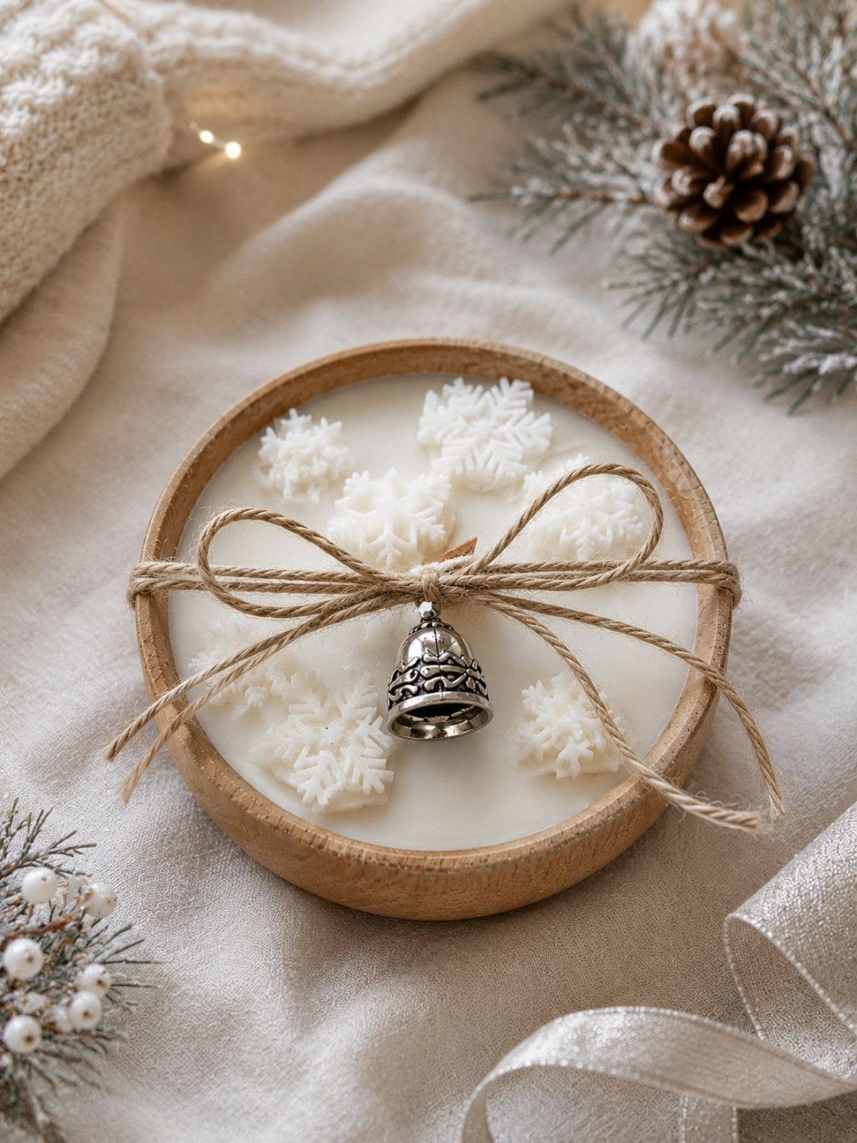 Winter Snowflake Soy Candle in Wooden Bowl –Rustic Christmas
