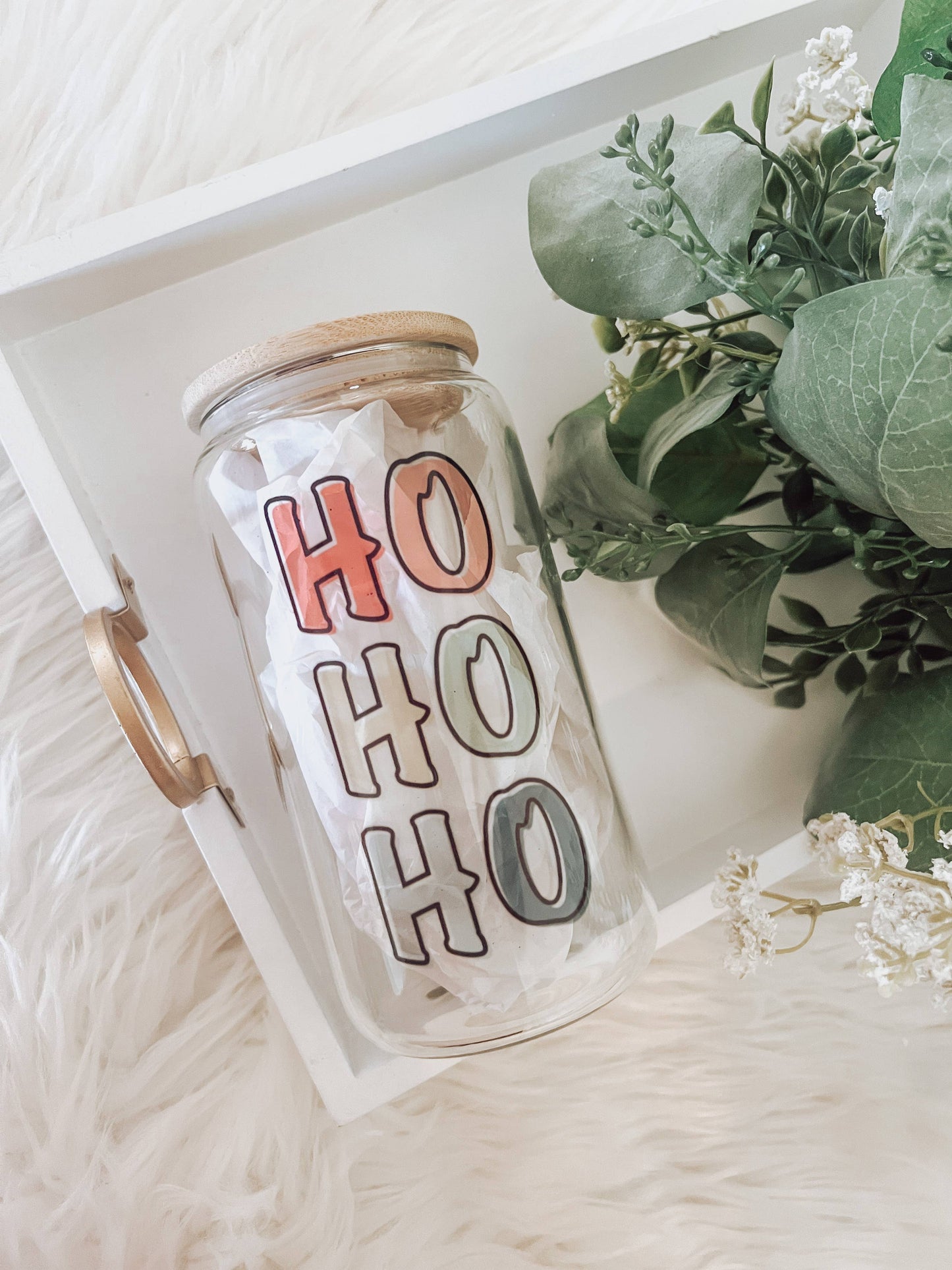 Ho Ho Ho 16 oz Glass Cup with Bamboo Lid