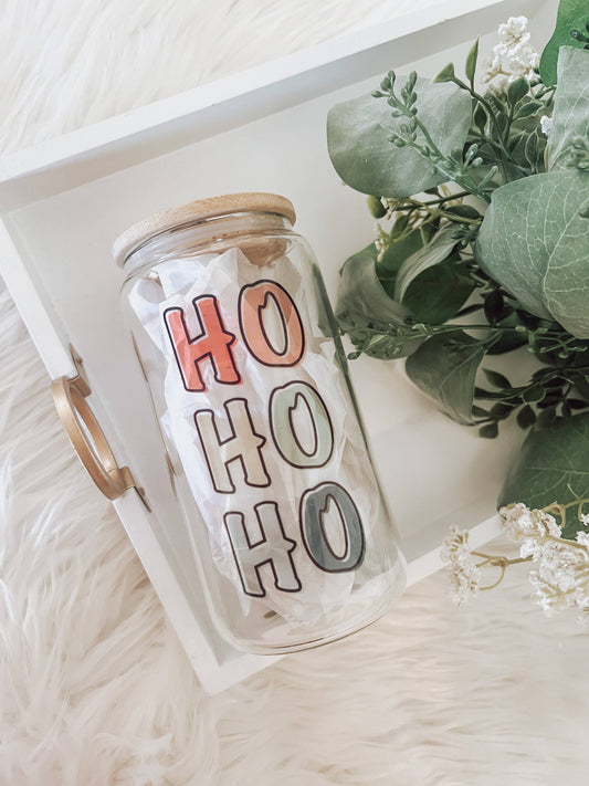 Ho Ho Ho 16 oz Glass Cup with Bamboo Lid
