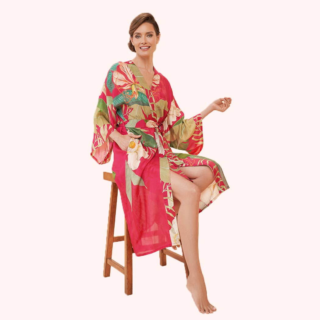 Delicate Tropical Kimono Gown in Dark Rose, by Powder Designs