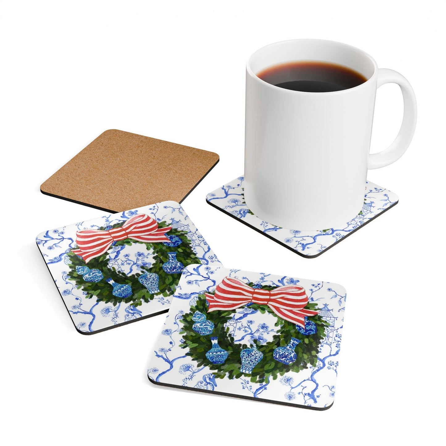 Design Carolinas Chinoiserie Ginger Jar Christmas Wreath Coaster Set