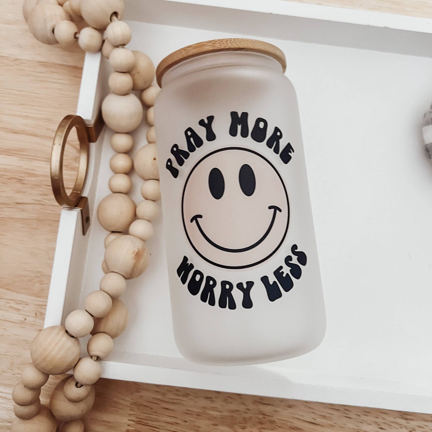 Pray More 16 oz Glass Cup with Bamboo Lid