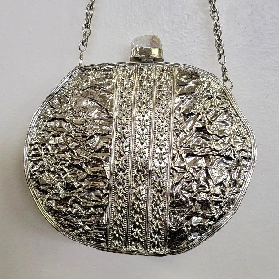Jeweled Metal Mother of Pearl (MOP) Clutch (Silver)