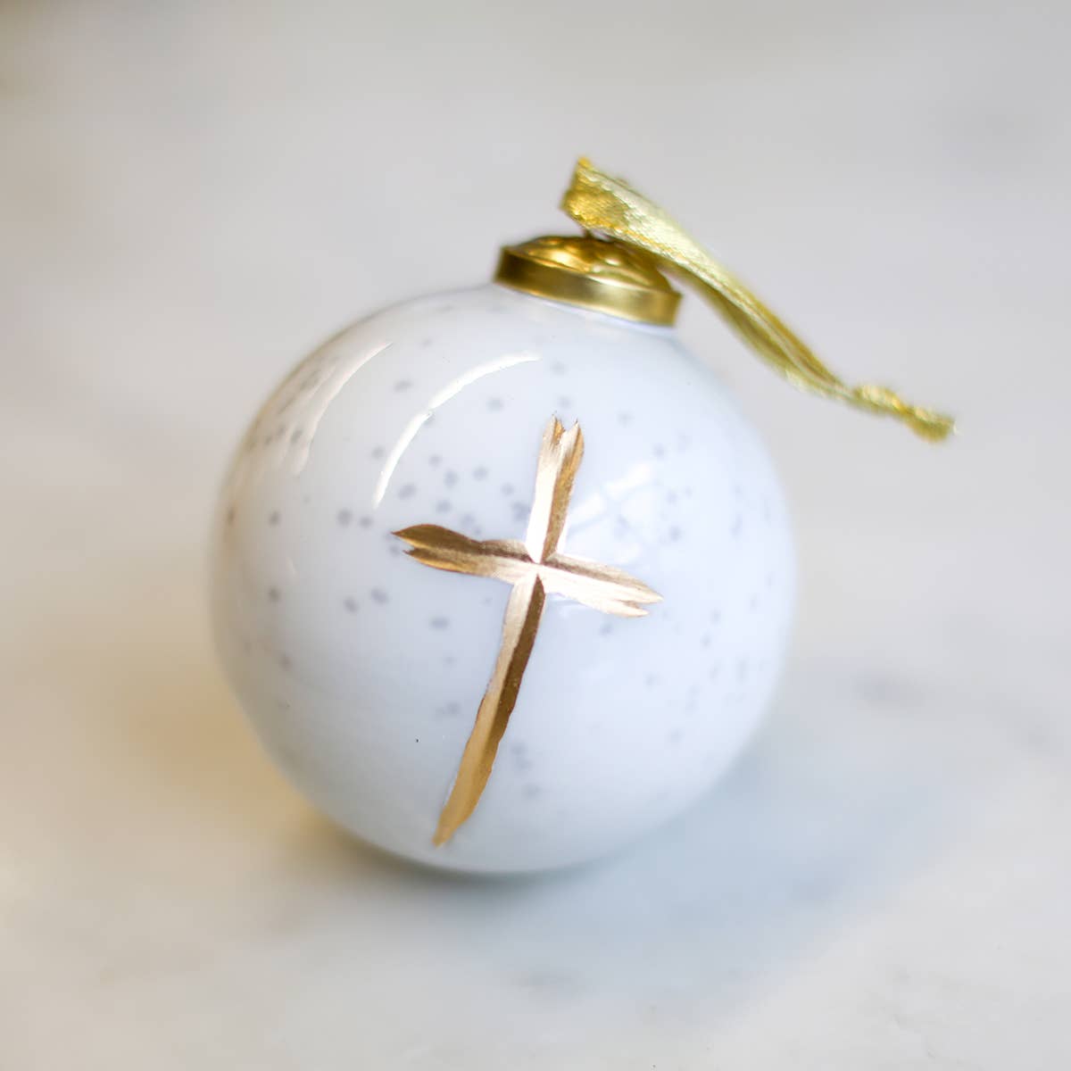 Royal Standard Cruix Glass Ball Ornament-White/Gold   4"